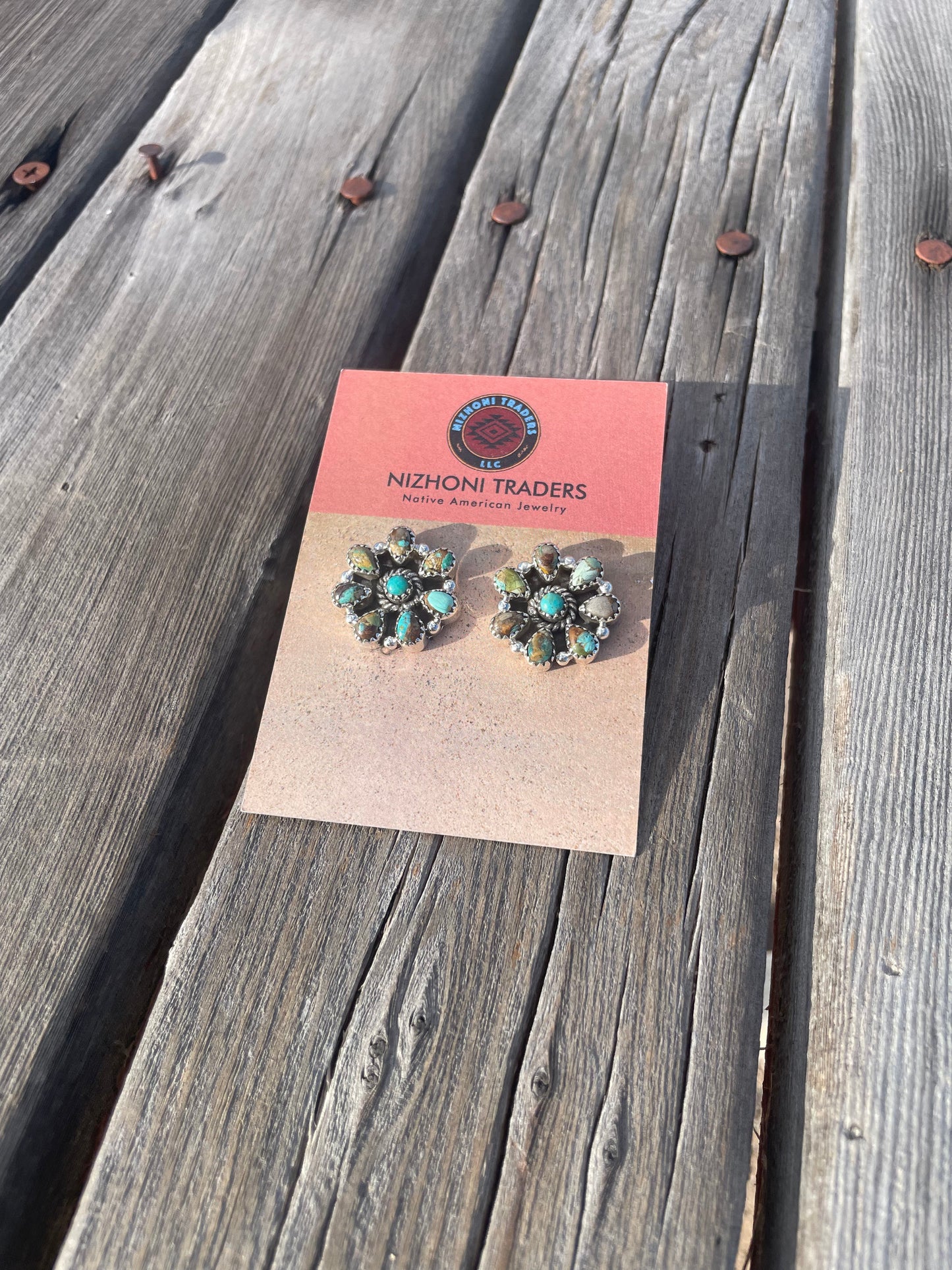 Handmade Turquoise Post Earrings Signed Nizhoni