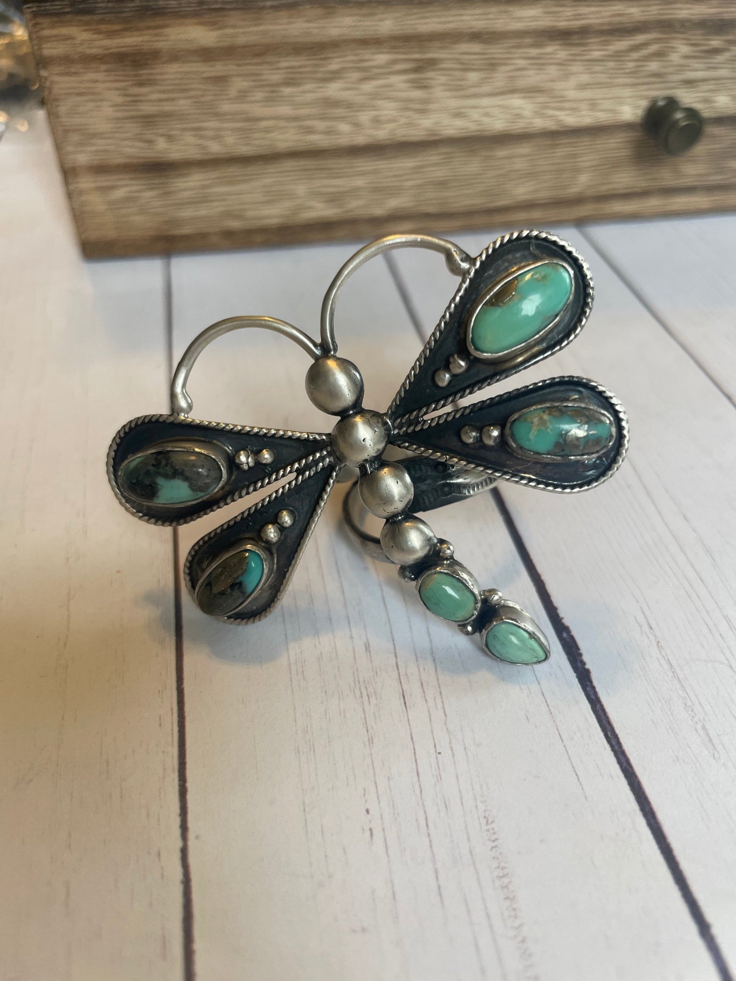 Handmade Sterling Silver & Turquoise Dragonfly Adjustable Ring Signed & Stamped