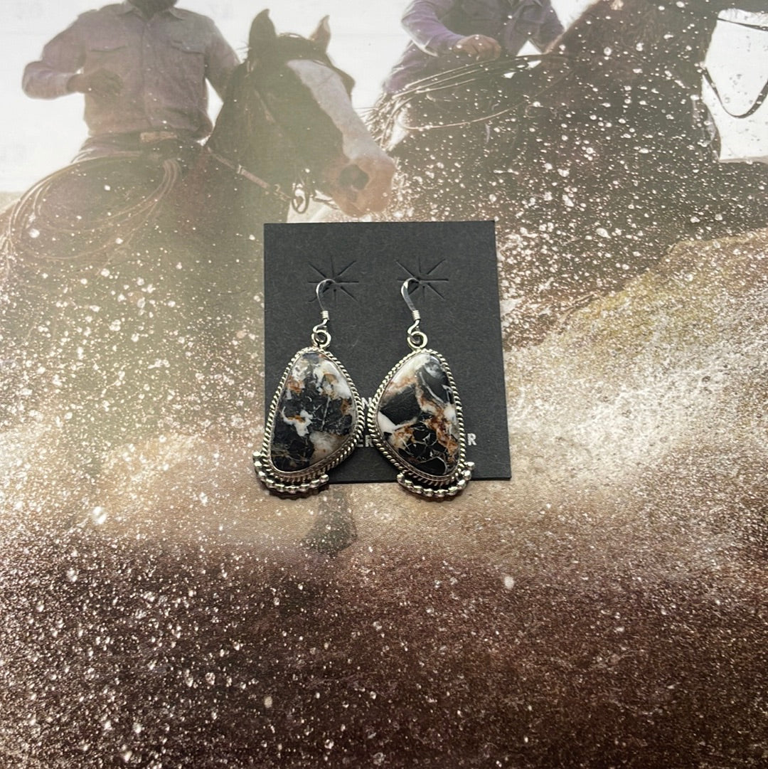 Navajo White Buffalo & Sterling Silver Dangle Earrings Signed