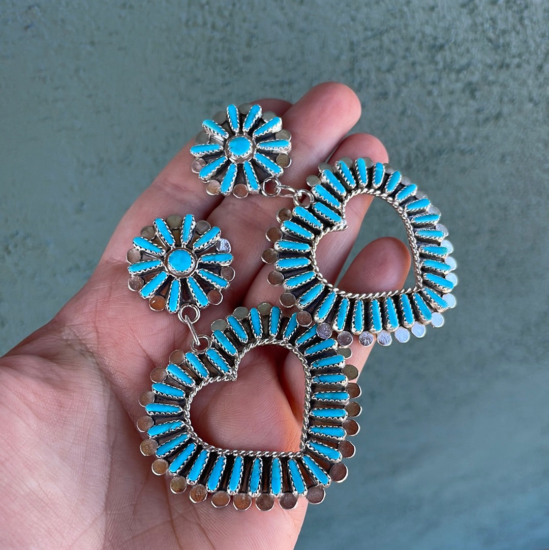 Zuni Sterling Silver Needlepoint Turquoise Dangle Heart Earrings