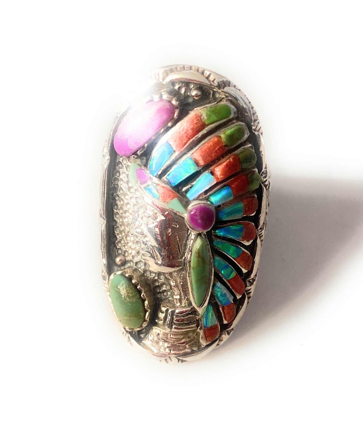 Handmade Sterling Silver & Multi Stone Inlay Indian Chief Ring Size 8.5