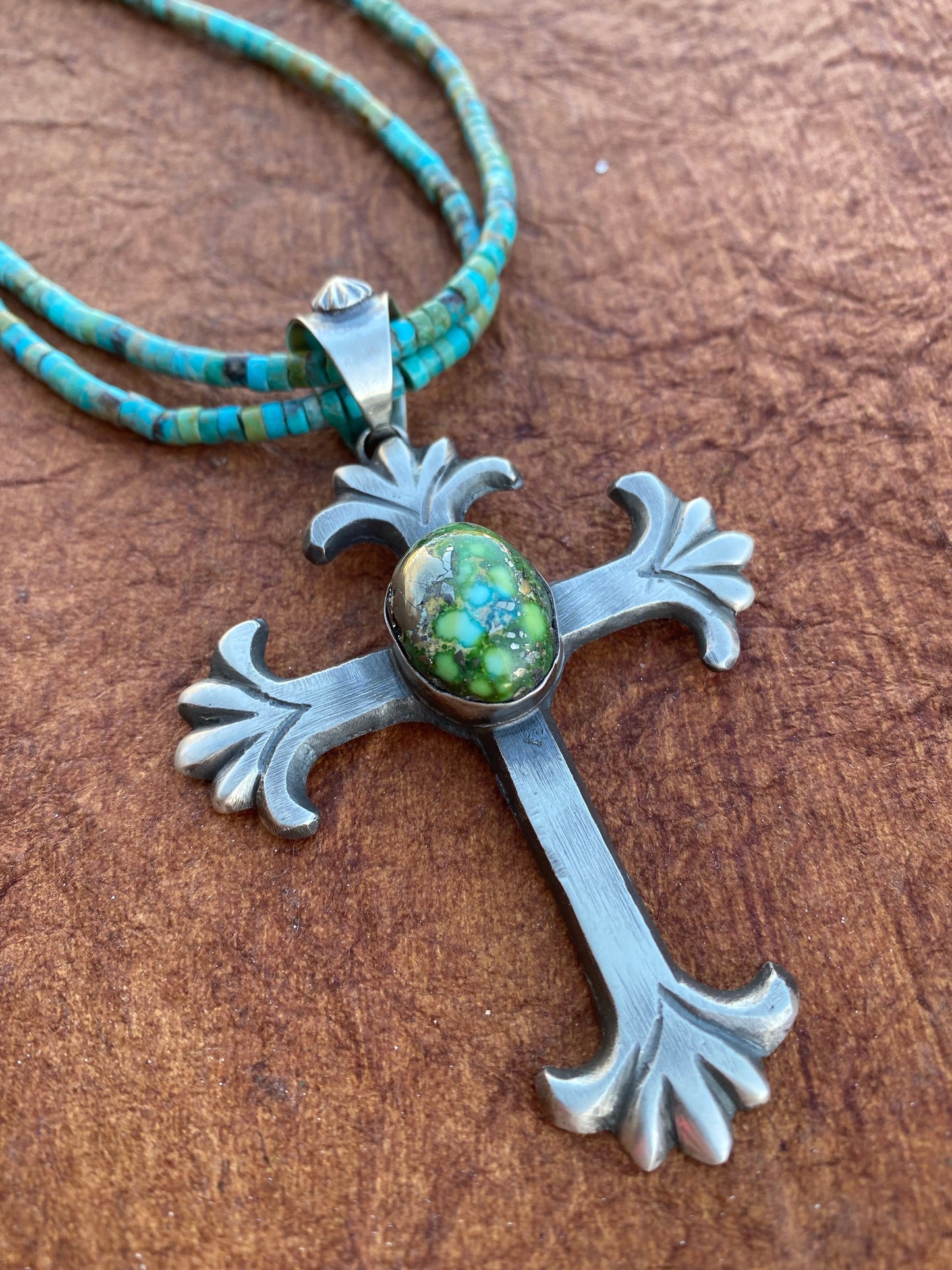 Navajo Sonoran Mountain Turquoise & Sterling Silver Cross Pendant By Chimney Butte