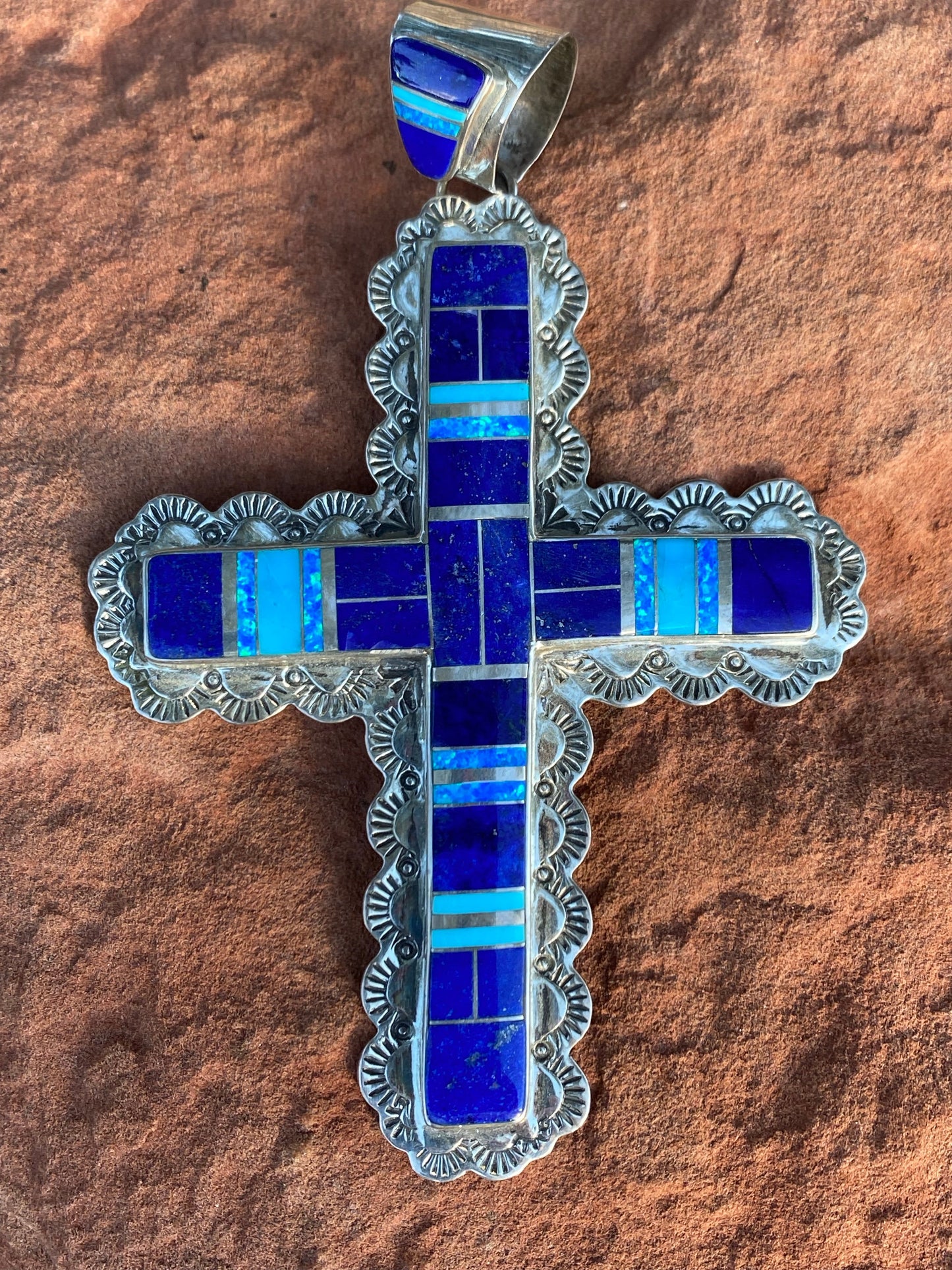 Navajo Lapis, Turquoise, Blue Opal Cross Pendant