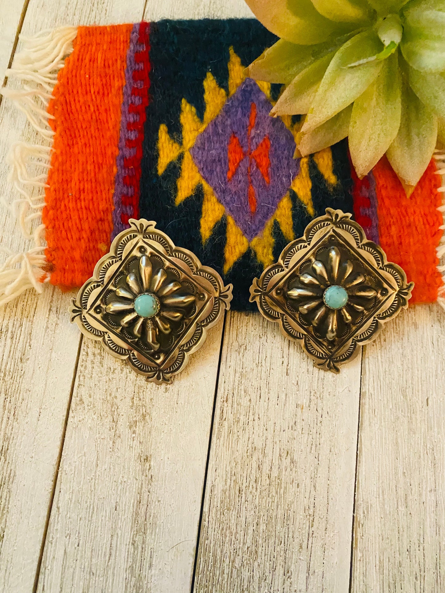 Vintage Old Pawn Navajo Turquoise & Sterling Silver Post Earrings