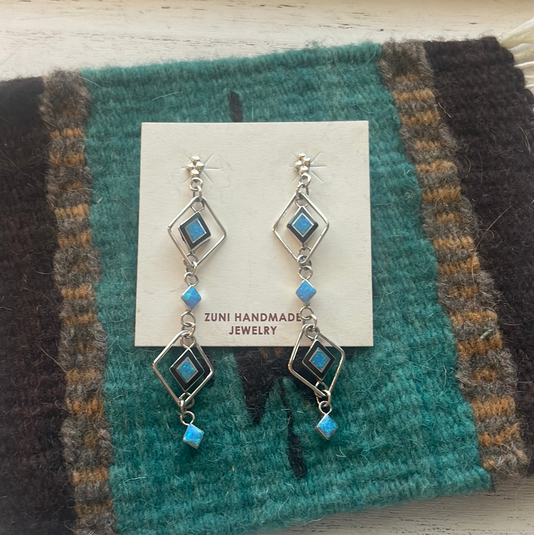 Zuni Sterling Silver & Blue Fire Opal Inlay Dangle Earrings