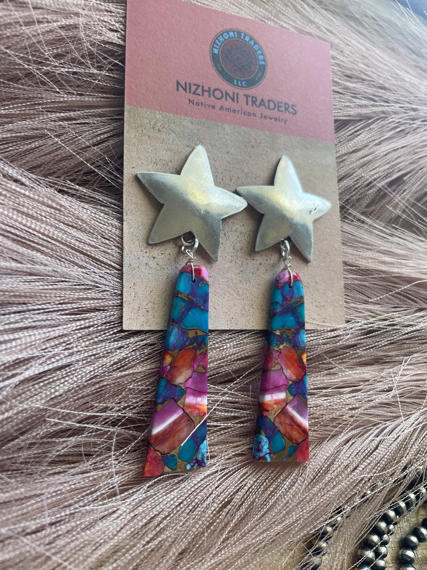 Navajo Sterling Silver & Pink Dream Slab Star Dangle Earrings