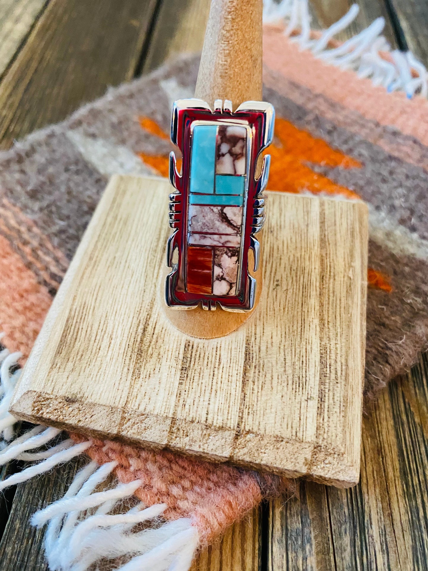 Navajo Sterling Silver & Multi Stone Inlay Ring Size 7.75