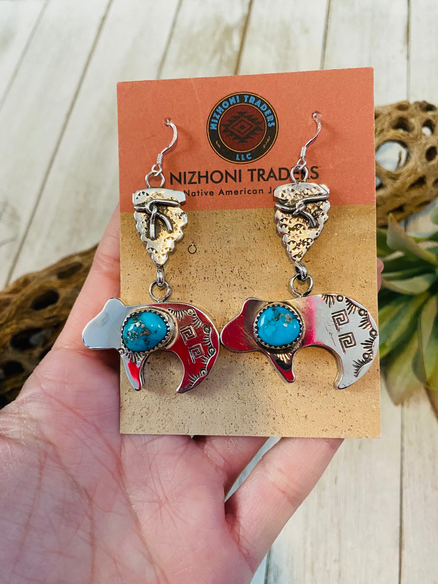 Navajo Turquoise & Sterling Silver Fetish Bear Dangle Earrings
