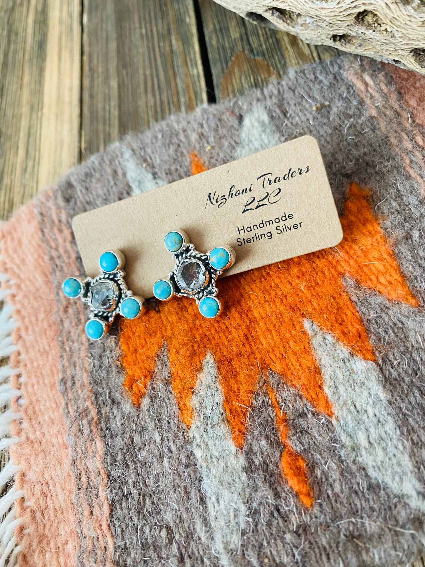 Handmade Herkimer Diamond, Turquoise & Sterling Silver Post Earrings Signed Nizhoni