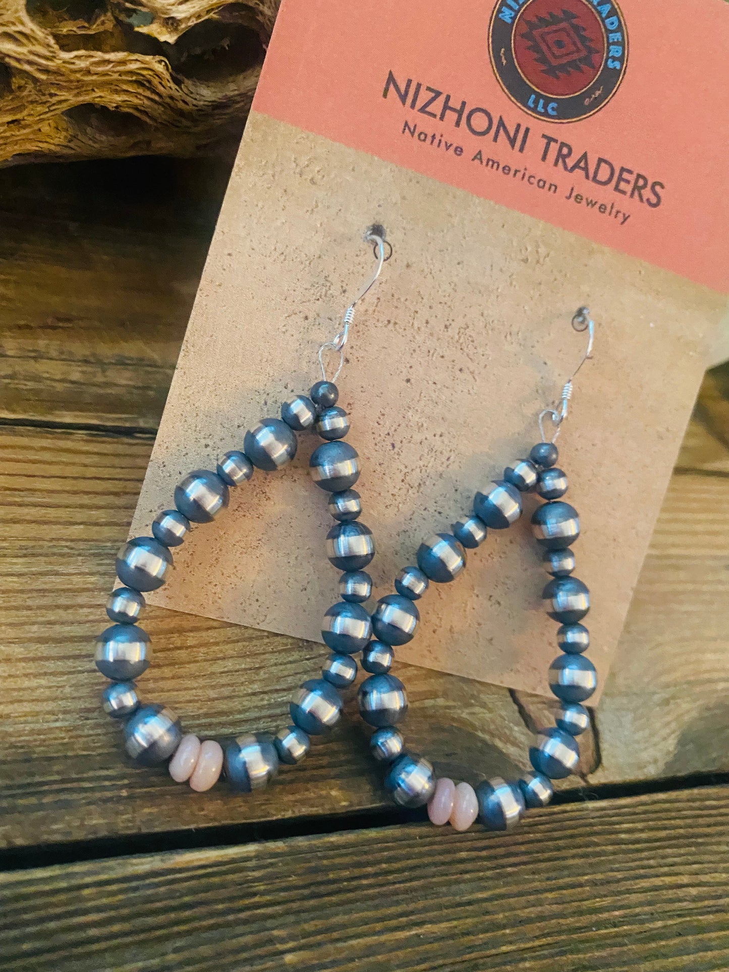 Navajo Sterling Silver Pearl & Pink Opal Dangle Hoop Earrings
