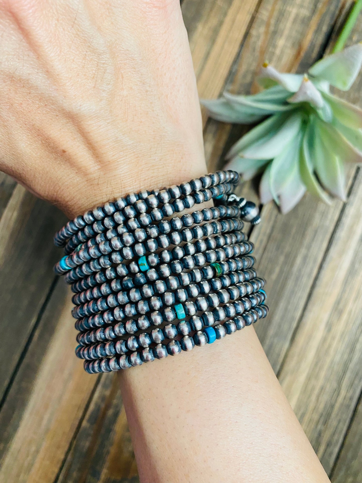 Navajo Turquoise & Sterling Silver Pearl Beaded Wrap Bracelet
