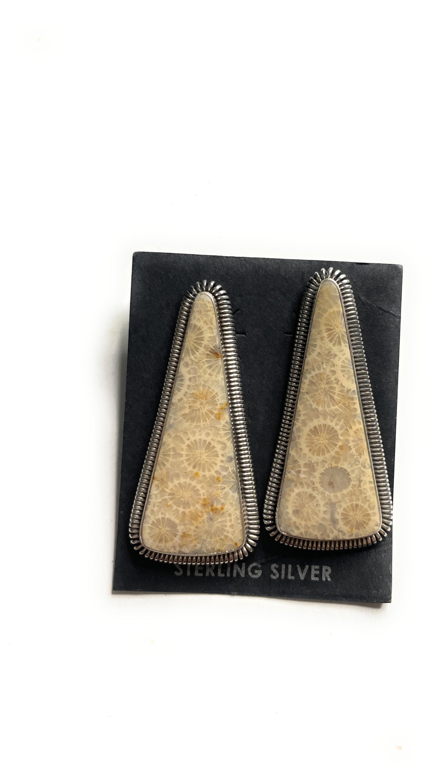 Navajo Fossilized Coral & Sterling Silver Post Earrings Signed