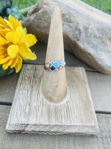 Zuni Multi Stone & Sterling Silver Band Ring Size 6.25 - Sterling Silver Diva
