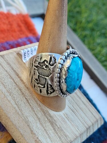 Native American Navajo Kingman Turquoise & Sterling Silver Ring Sz 9.5 - Sterling Silver Diva