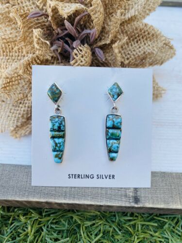 Navajo Kingman Turquoise And Sterling Silver Inlay Dangle Earrings - Sterling Silver Diva