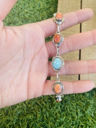 Navajo Spiny, Turquoise And Sterling Silver Link Bracelet - Sterling Silver Diva