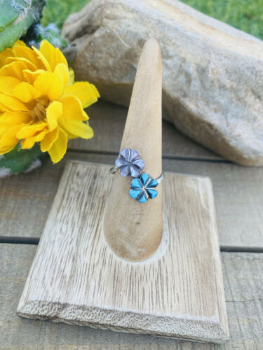 Zuni Mother Of Pearl, Turquoise & Sterling Silver Adjustable Flower Ring Size - Sterling Silver Diva