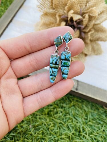 Navajo Kingman Turquoise And Sterling Silver Inlay Dangle Earrings - Sterling Silver Diva