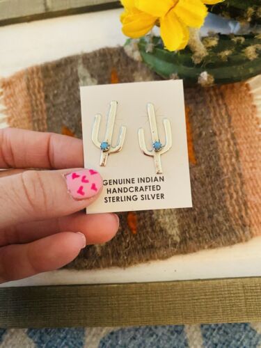 Native American Navajo Turquoise And Sterling Silver Cactus Stud Earrings