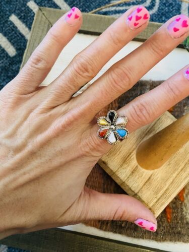 Native American Zuni Multi Stone & Sterling Silver Flower Ring Size 7.5
