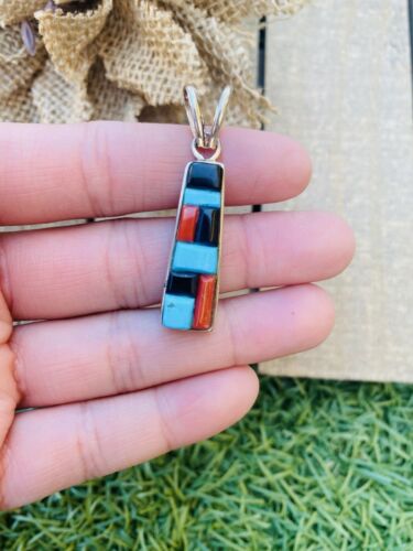 Native American Navajo Multi Stone And Sterling Silver Inlay Pendant - Sterling Silver Diva