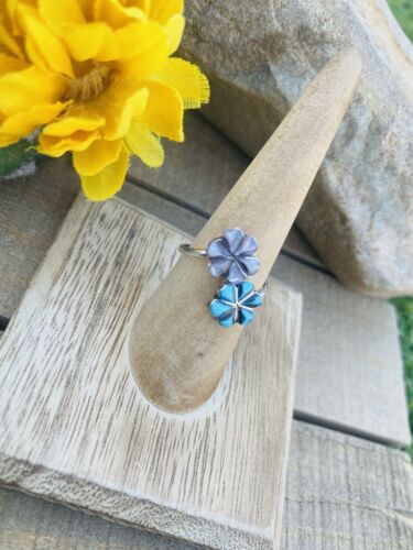 Zuni Mother Of Pearl, Turquoise & Sterling Silver Adjustable Flower Ring Size - Sterling Silver Diva