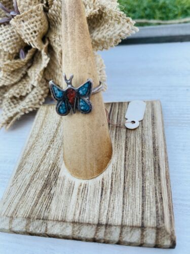 Vintage Zuni Turquoise, Coral & Sterling Silver Inlay Butterfly Ring Size 5 - Sterling Silver Diva