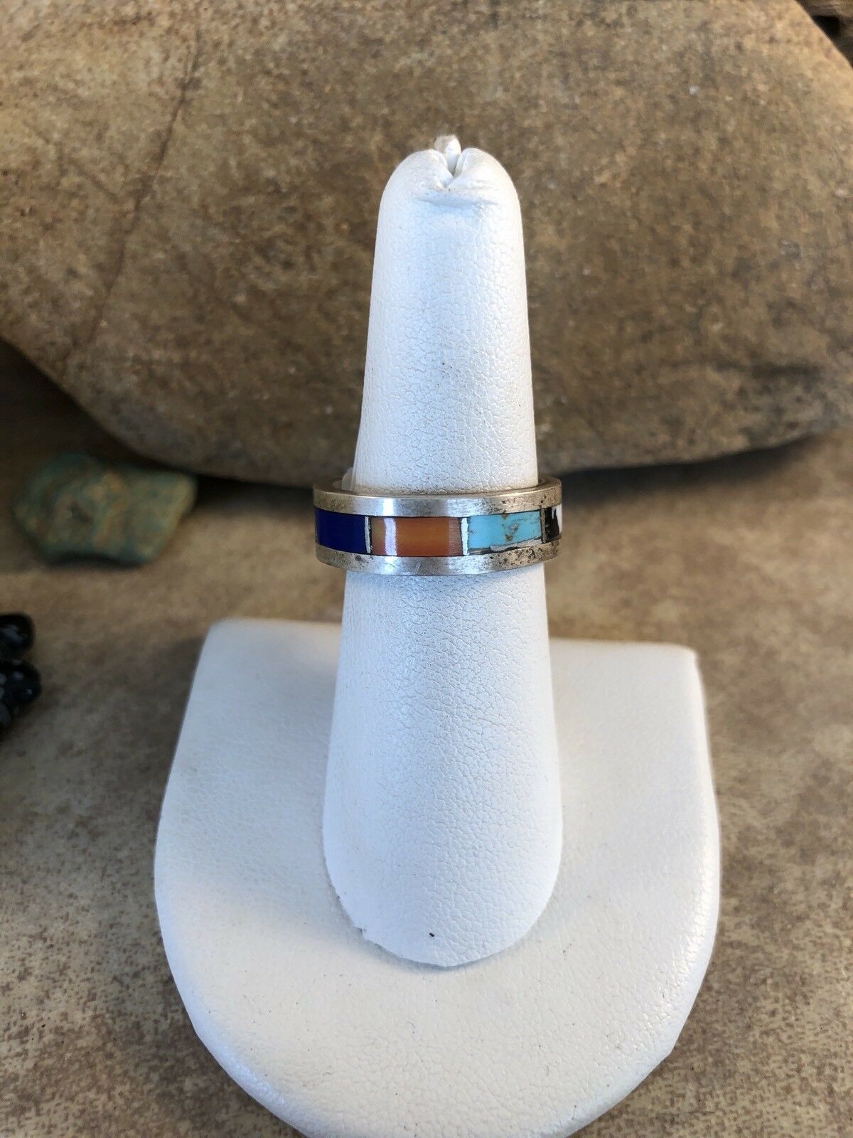 Native American Navajo Multi Stone And Sterling Silver Inlay Ring Size 8 - Sterling Silver Diva