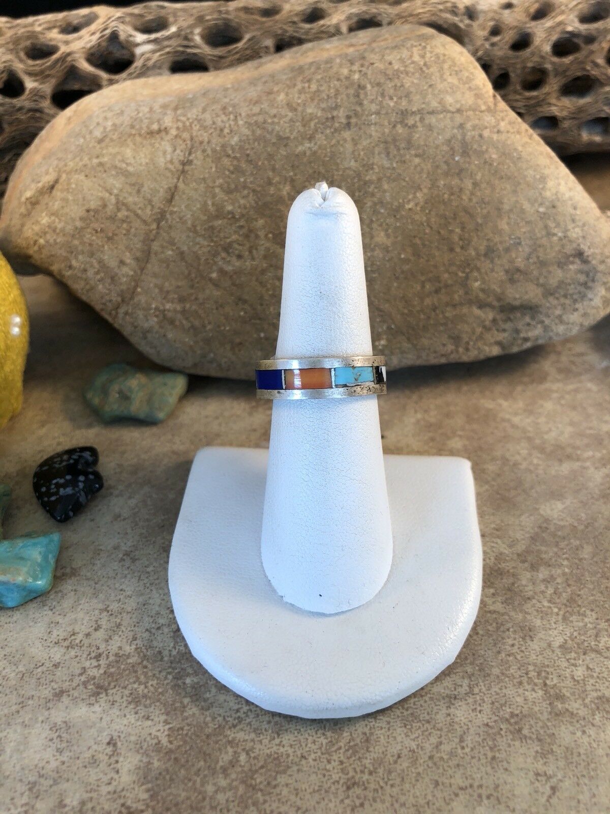 Native American Navajo Multi Stone And Sterling Silver Inlay Ring Size 8 - Sterling Silver Diva