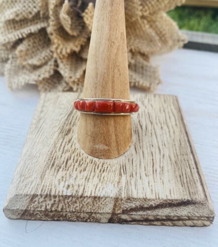 Native American Navajo Coral And Sterling Silver Band Ring Size 8.75 - Sterling Silver Diva