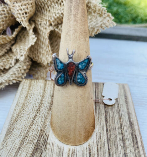 Vintage Zuni Turquoise, Coral & Sterling Silver Inlay Butterfly Ring Size 5 - Sterling Silver Diva