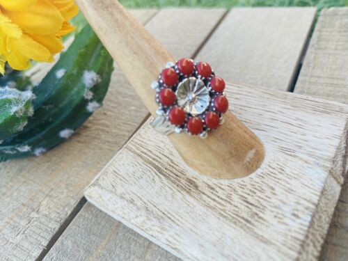 Native American Zuni Coral And Sterling Ring Size 7.5 - Sterling Silver Diva