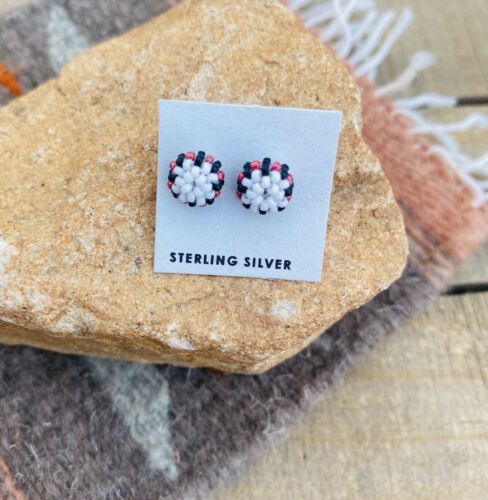 Native American Navajo Multicolor Beaded Stud Earrings - Sterling Silver Diva