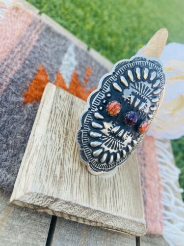 Navajo Spiny And Sterling Silver Adjustable Concho Ring By Leander Tahe - Sterling Silver Diva