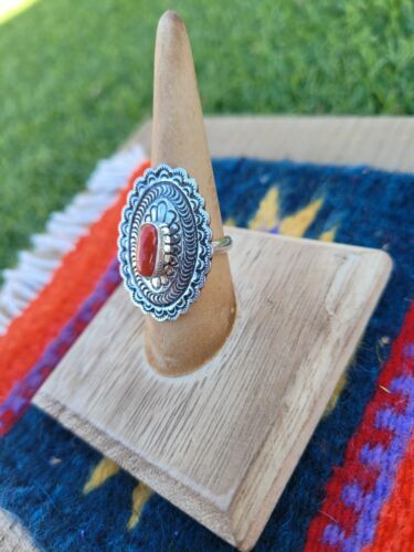 Native American Navajo Natural Coral & Sterling Silver Concho Ring Size 7 - Sterling Silver Diva
