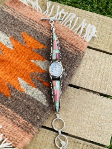 Vintage Native American Navajo Pink Coral, Opal & Sterling Silver Inlay Watch - Sterling Silver Diva