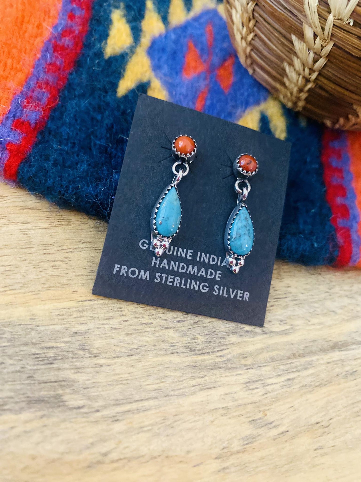 Navajo Sterling Silver Turquoise and Coral Dangle Earrings
