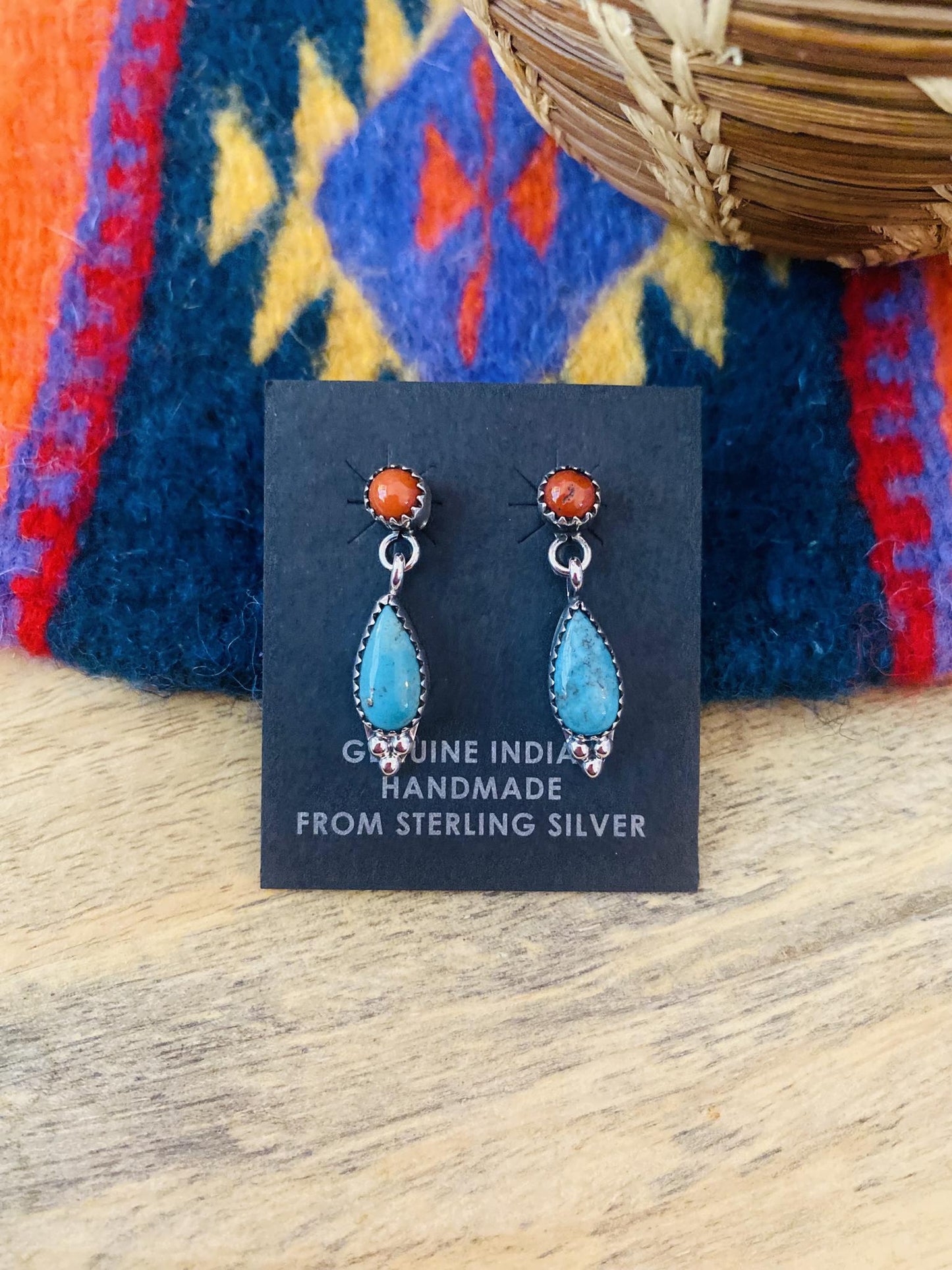 Navajo Sterling Silver Turquoise and Coral Dangle Earrings