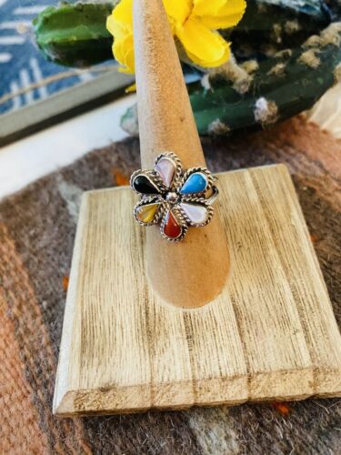 Native American Zuni Multi Stone & Sterling Silver Flower Ring Size 7.5
