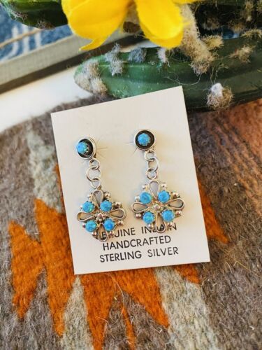 Zuni Blue Opal & Sterling Silver Petit Point Dangle Earrings