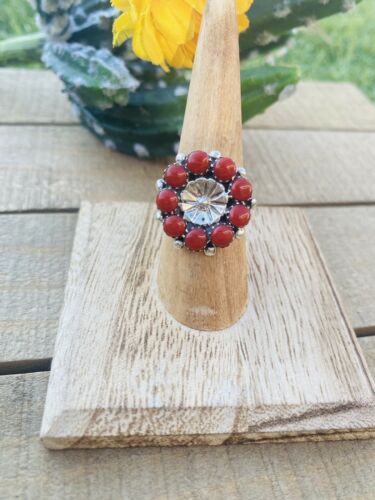Native American Zuni Coral And Sterling Ring Size 7.5 - Sterling Silver Diva